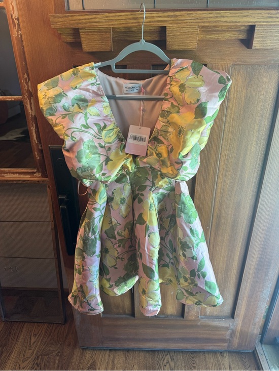 Hello Molly Dresses & Skirts - Hello Molly Pink Floral Ruffle Mini Dress with Green and Yellow Blooms